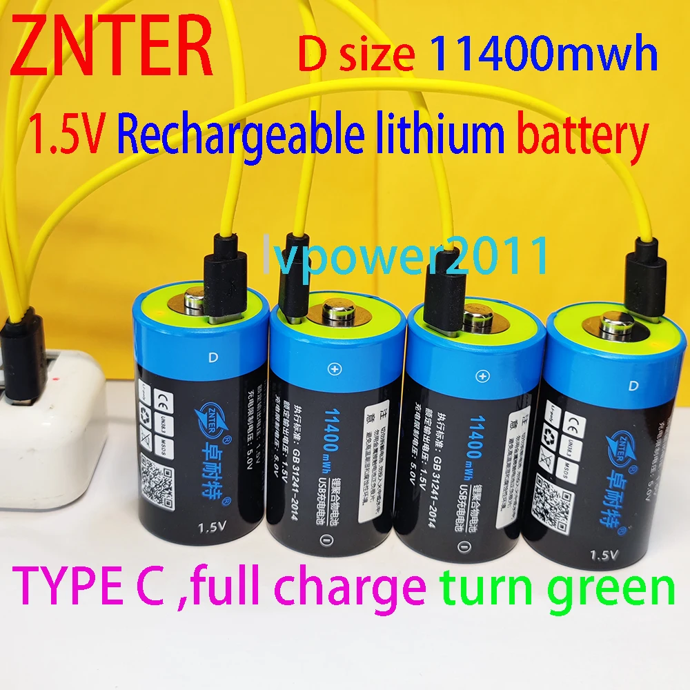 ZNTER-Batterie au lithium polymère Lipo, piles rechargeables D, câble USB  pour cuisinière à gaz, four, taille D, 6000mwh, LR20, 1,5 V