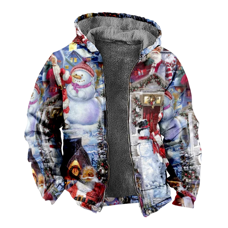 Christmas Cotton Coat Hooded Sweater Casual Print Men's Fur Loop Arctic Velvet Zipper Patch Pocket Hooded Sweater a02