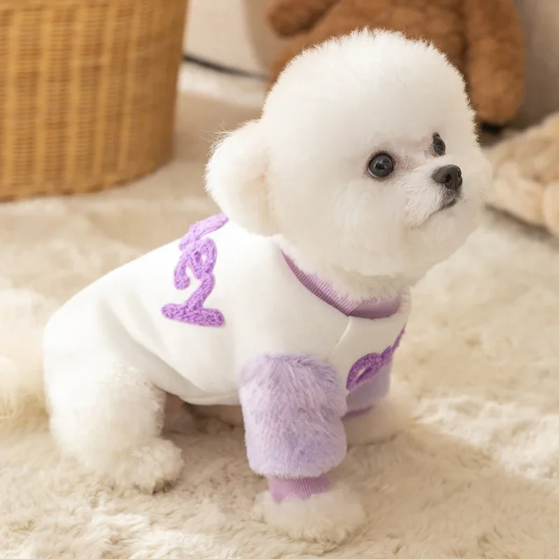 

Sweet English Embroidered Dog Sweater Clothes Small Dog Two legged Pullover Winter Warm Clothes Soft Dog Clothes Pet Supplies