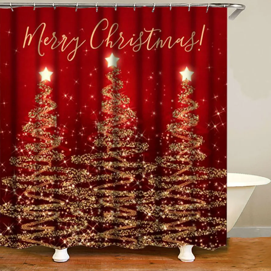 Sparkling Christmas Tree Red Window Curtains Shower Curtain Set Bathroom Decor 