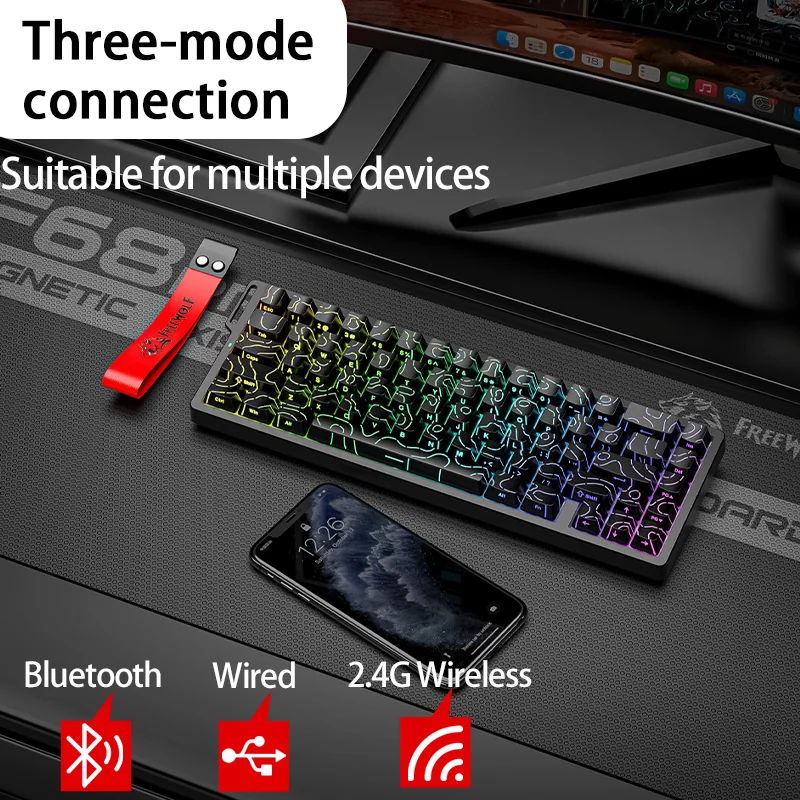 FREEWOLF F68 F68Pro 게임용 키보드 마그네틱 스위치 3모드 무선 Bluetooth 유선, 8K/1K 폴링 RGB 핫스왑 RT VALORANT FPS