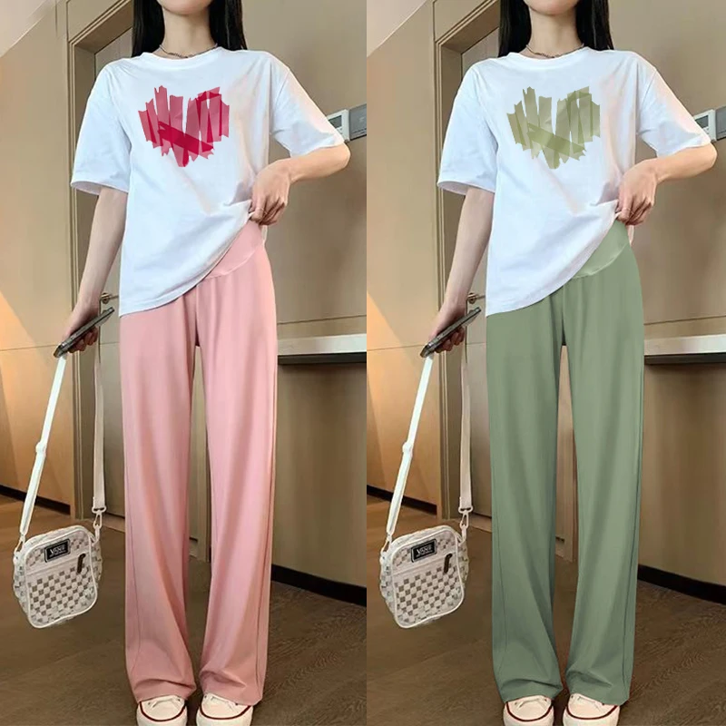 Short Sleeve T-Shirt + Wide Leg Trousers Twinset for Maternity Summer Loose Casual Pregnant Woman Clothes Set Fashion Printed Suit