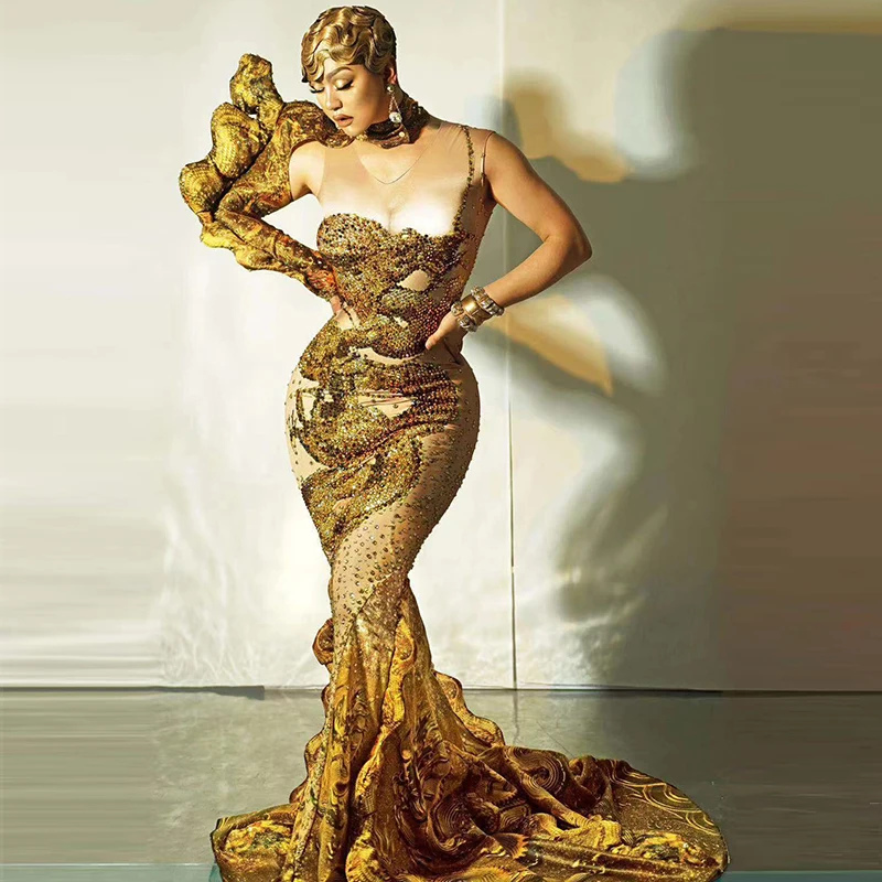

Luxury Gold Rhinestones Dress Ruched 3D Print One Shoulder Long Mermaid Elegant Evening Designer Clothes Drag Queen Stage Outfit