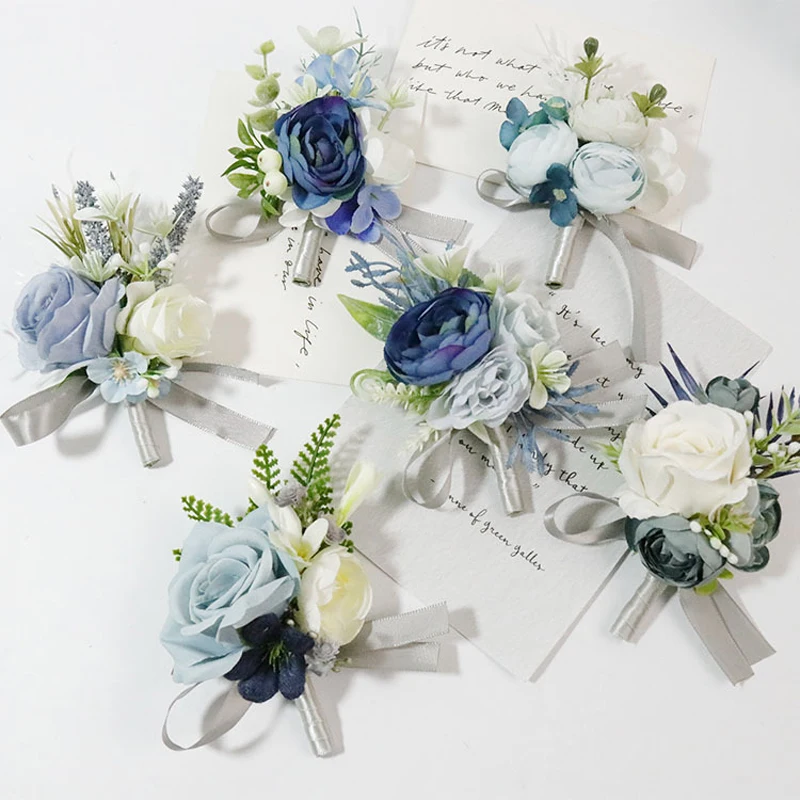 Dusty Blue Artifical Flowers Wedding Boutonniere Corsage Bridesmaid Groom Handmade Accessories Bracelet Marriage Pins