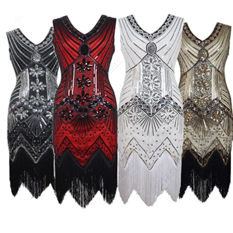 

1920 vintage sequined beaded dress with V-neck and fashionable tassel dress