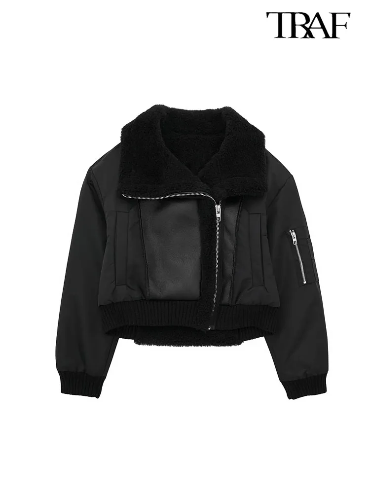 

TRAF Women Fur Thicken Jacket 2023 Autumn Winter Fashion Zipper Vintage Pocket Coat Outwear Female Causal Tops
