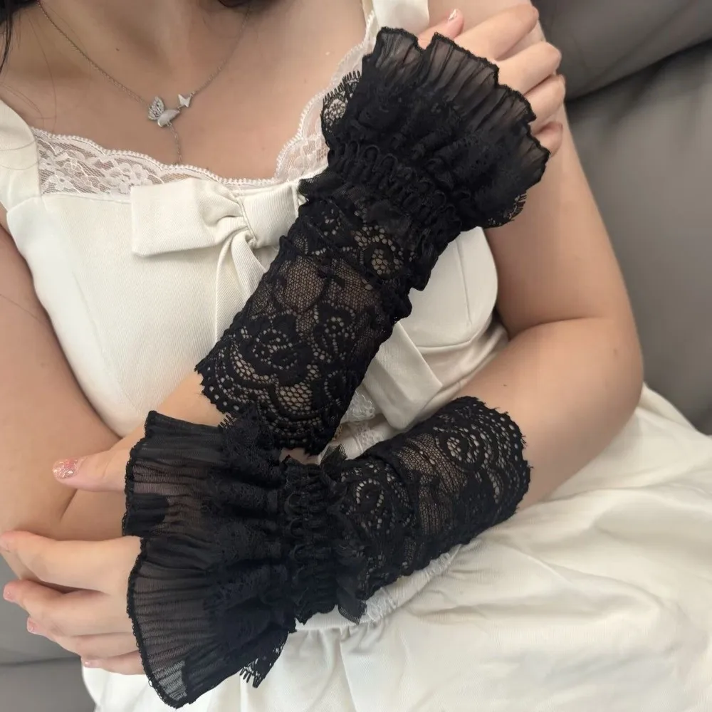 고딕 레이스 트림 레이스 팔 슬리브 러플 커프스 메쉬 손목 슬리브 꽃무늬 자수 시스루 핑거리스 장갑 로리타 장식