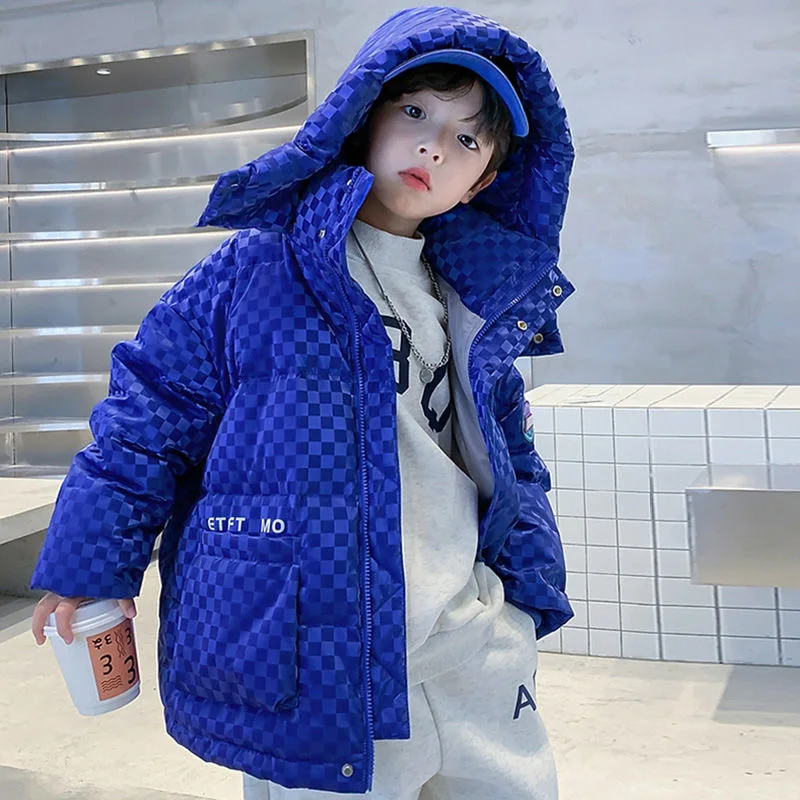 

Winter New Boys Cotton-Padded Jacket Winter Thickened Junior Children Fashion Plaid Hooded Cotton Outerwear Clothes 5-14 Years