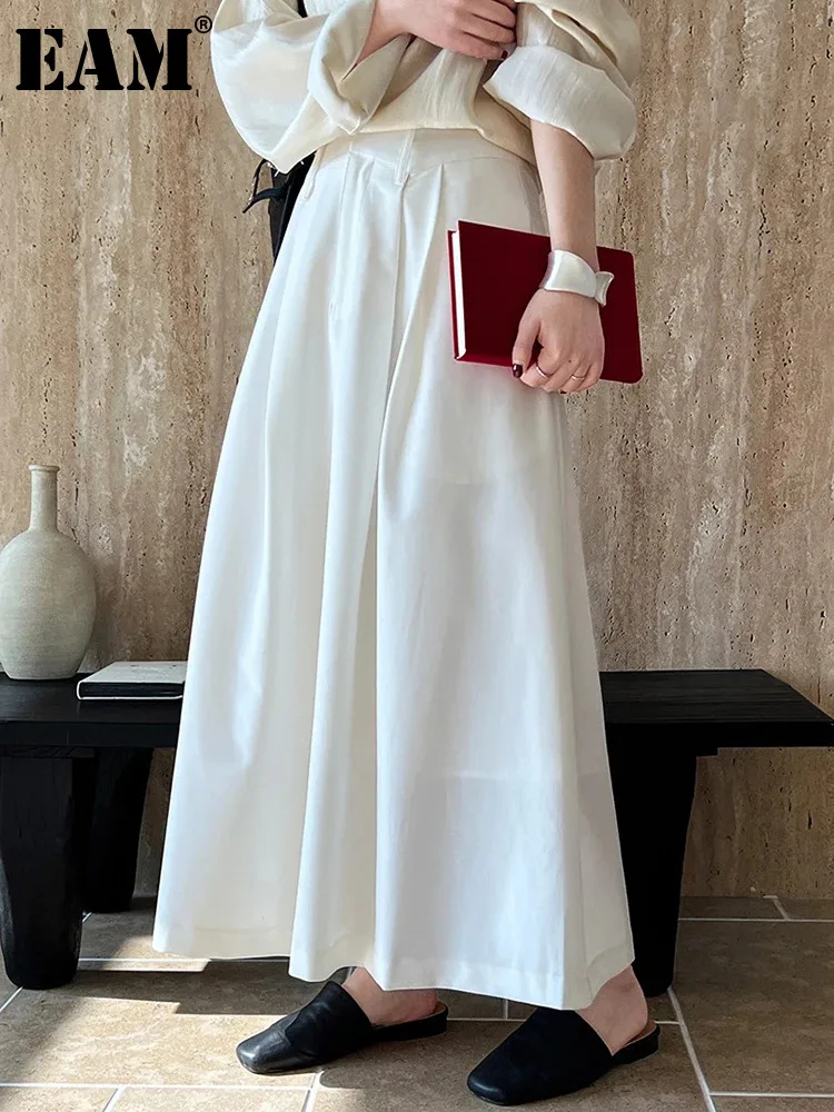 

[EAM] High Waist White Brief Pleated Elegant Long A-line Half-body Skirt Women Fashion Tide New Spring Autumn 2024 1DH4991