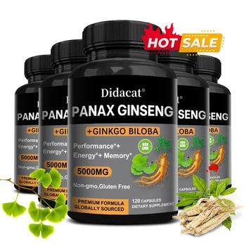 Korean Red Panax Ginseng with Ginkgo Biloba Capsules High Potency for Male Natural Health Supplement - Non-GMO, Vegan 1