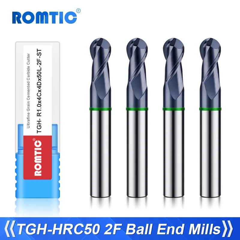 

ROMTIC TGH-HRC50 Tungsten Steel Carbide For Steel Milling Cutter 2F Color-Ring Coating CNC Mechanical Ball End Endmills Tools