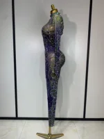 Women Sparkly Rhinestones Mesh Bodycon Jumpsuit Singer Stage Performance Dance Costume Nightclub Party Luxury Birthday Outfit - Image 3