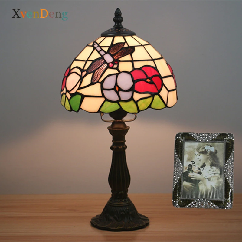 

Tiffany Dragonfly Flower Table Lamps Vintage Mediterranean Stained Glass Desk Lamp for Bedroom Bedside Study Stand Light Fixture