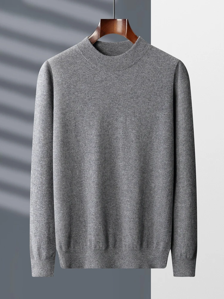New Fashion Spring and Autumn Men Sweater 100% Cashmere Mock Neck Long Sleeve Pullover Casual Plus Size Tops Warm Knit Shirt