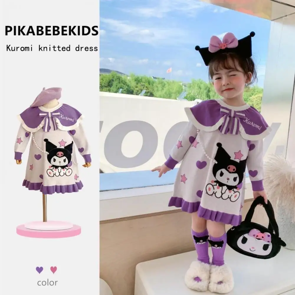 

Kawaii Sanrio Kuromi Girls Knitted Dress Girly Anime Long Sleeve Sweater Kids Cute Warm Dress Autumn Winter Children's Clothing