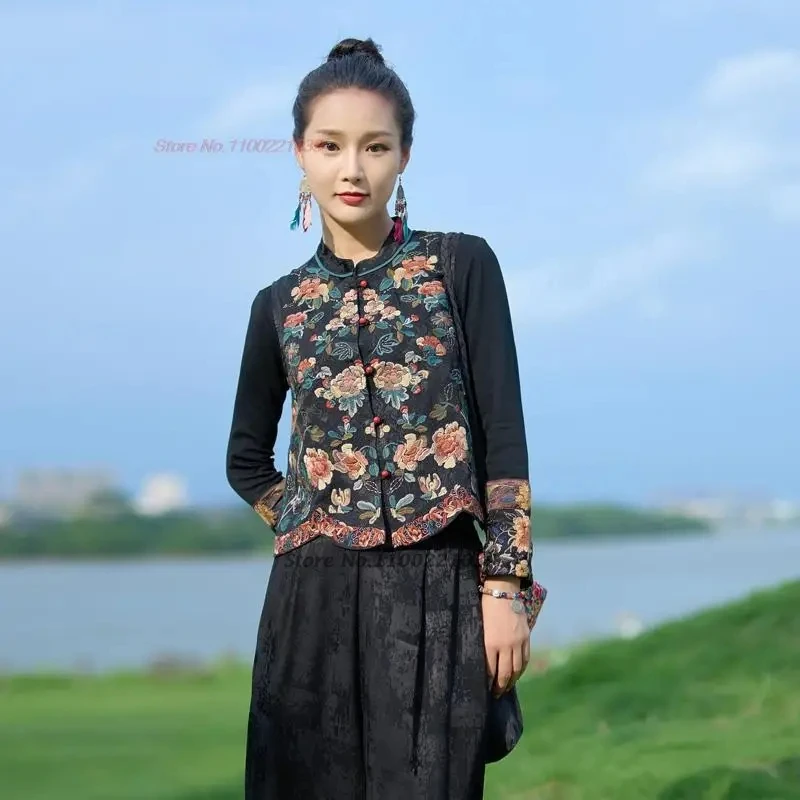 2024 national flower embroidery stand collar vest sleeveless jacket hanfu tops traditional ethnic vintage gilet retro waistcoat