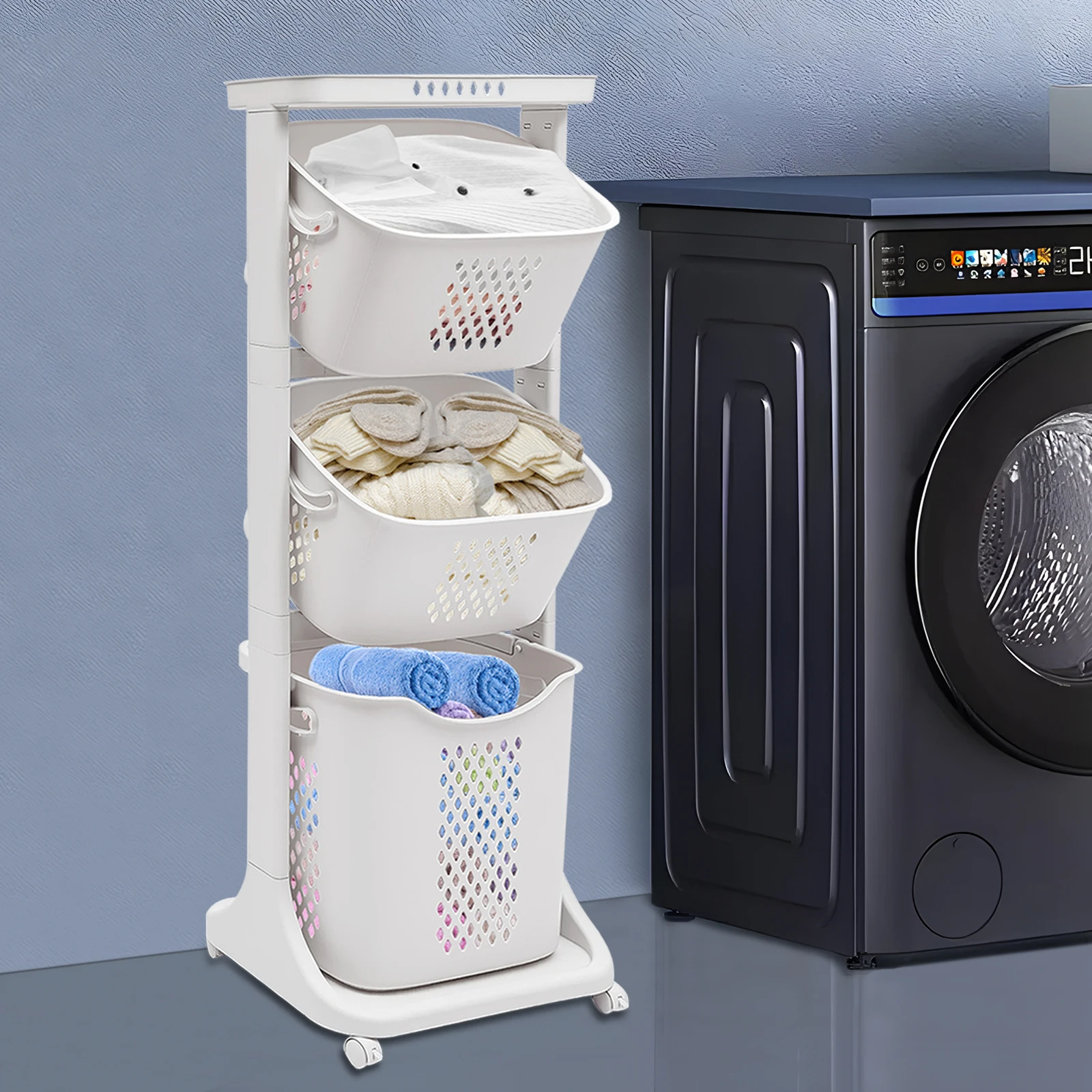 3 Layers Modern Laundry Basket Clothes Storage Oraganizer Rolling Basket Bathing Supplies PP White