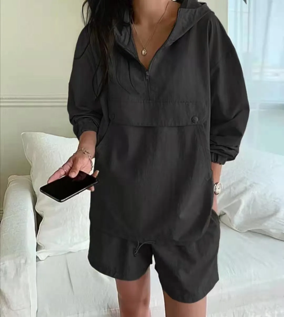New Summer Women's Suit 2 Pieces Set Hooded Long Sleeve Hoodies and Shorts Female Sporty Chic Casual Solid Tracksuit