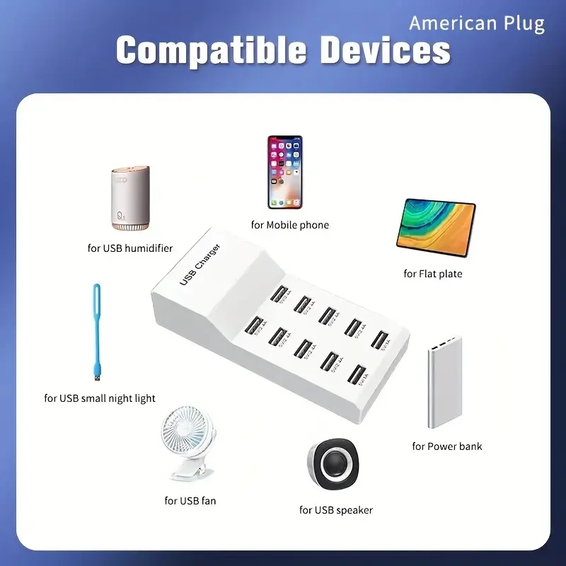 USB Charger 50W Multi-port 2.4A Mobile Phone Quick 10-Port Fast Charging Station Travel Adapter For Smart Phones plug adapter,power plug adapter