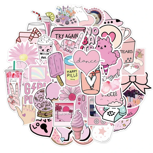 50pcs Cartoon Aesthetic Pink Stickers Notebook Laptop Phone Case  Scrapbooking Luggage Fridge Vinyl Sticker for Kids