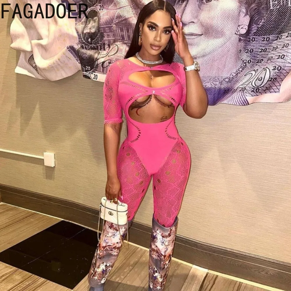 

FAGADOER Fashion Thicker Lace Hollow Perspective Bodycon Jumpsuits Women Round Neck Short Sleeve Knitting Skinny Pants Overalls