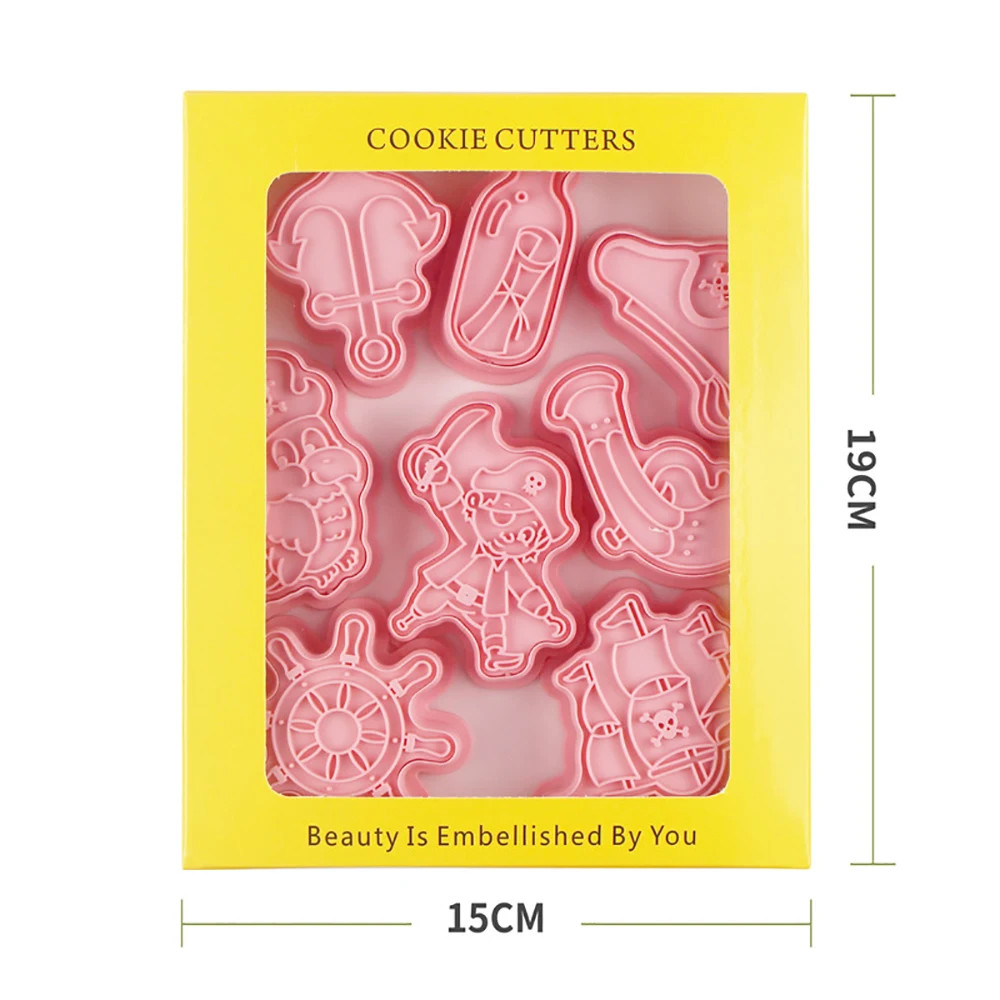8Pcs Cartoon Pirate Cookie Cutters Plastic 3D Cartoon Pressable Biscuit Mold Fondant Cookie Stamp Kitchen Pastry Baking Tools