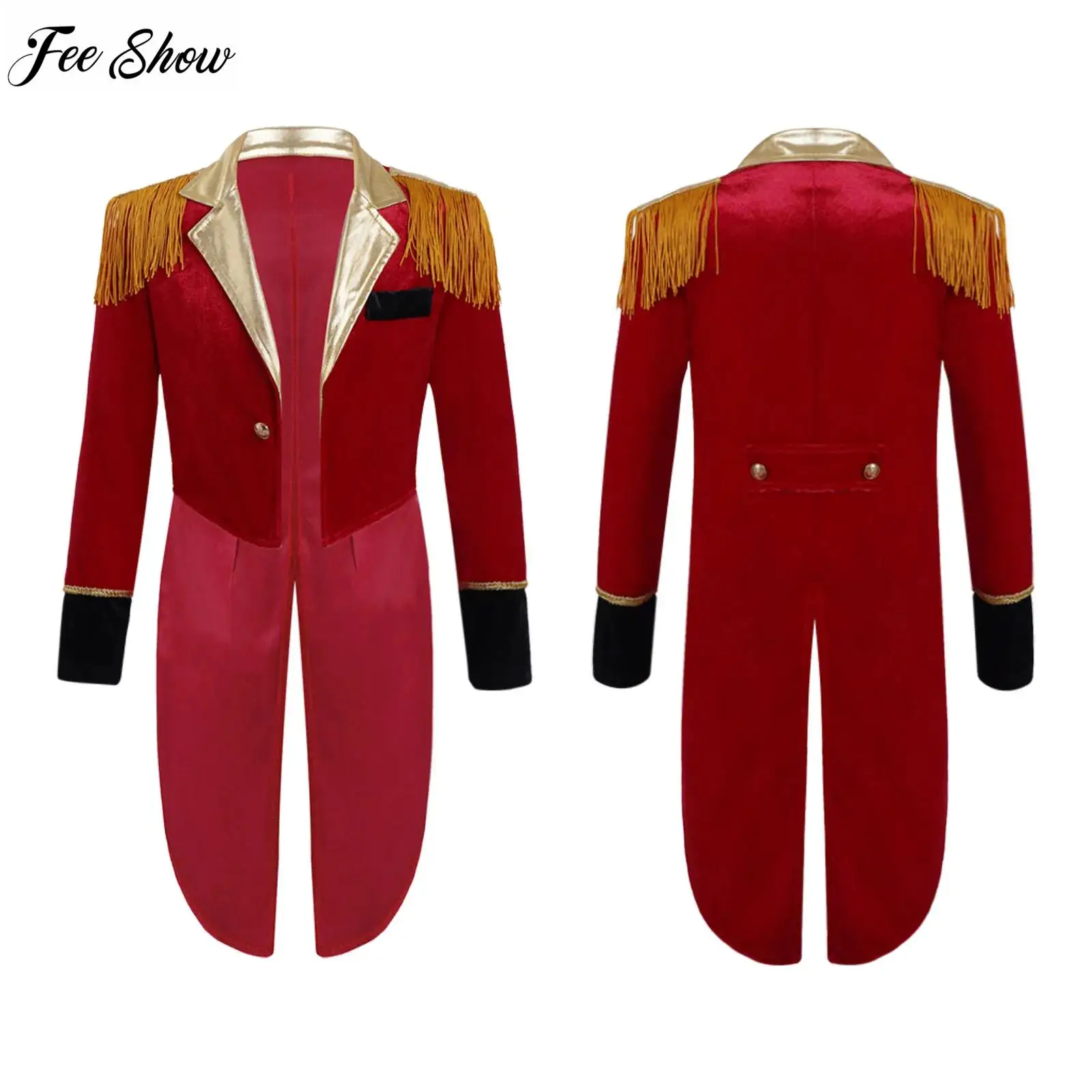 

Kids Boys Circus Ringmaster Showman Costume Long Sleeves Tassels Adorned Dip Hem Coat Jacket for Halloween Cosplay Outfits