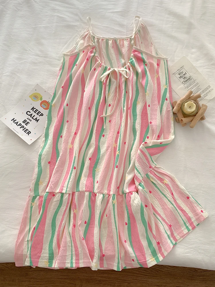 Women's Pink Striped Suspender Pajamas Summer New Sleeveless Love Print Nightgown Korean Leisure Loose Thin Female Home Wear