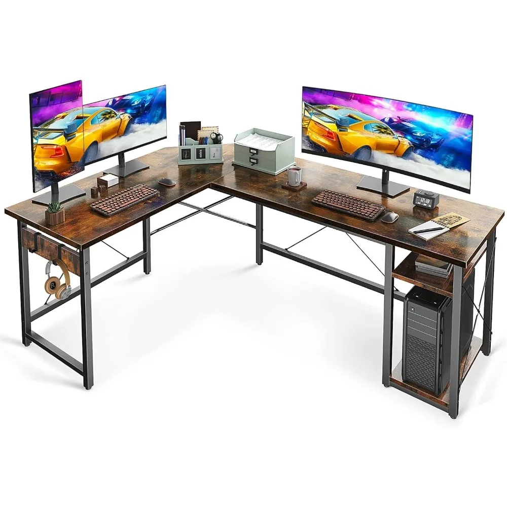 L-Shaped Computer Desk 66 Inch with Storage Racks, Modern Wooden Desk, Wood & Metal, Vintage wood filament 1 75mm for 3d printer wooden effect 3d pringting material high quality plastic 3d consumable material line slik