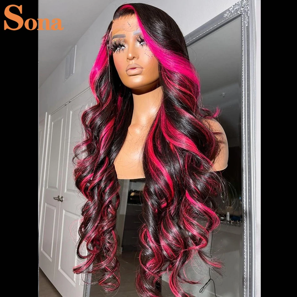 Ombre Hot Pink Human Hair Wig With Highlights Hd Transparent Lace Green  Strip Lace Frontal Wig For Women - Lace Wigs - AliExpress
