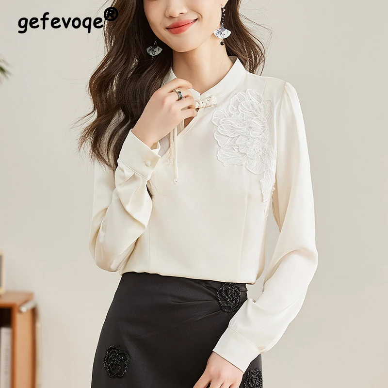 

Spring Autumn Chinese Style Vintage Embroidery Long Sleeve Shirt Female Elegant Fashion Solid Color Top Women Jacquard Blouse