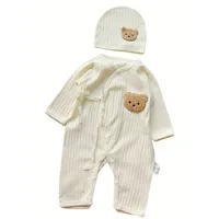Barboteuse en coton avec chapeau pour nouveau-né, combinaison pour bébé garçon et fille, ours de dessin animé mignon, toutes saisons 5