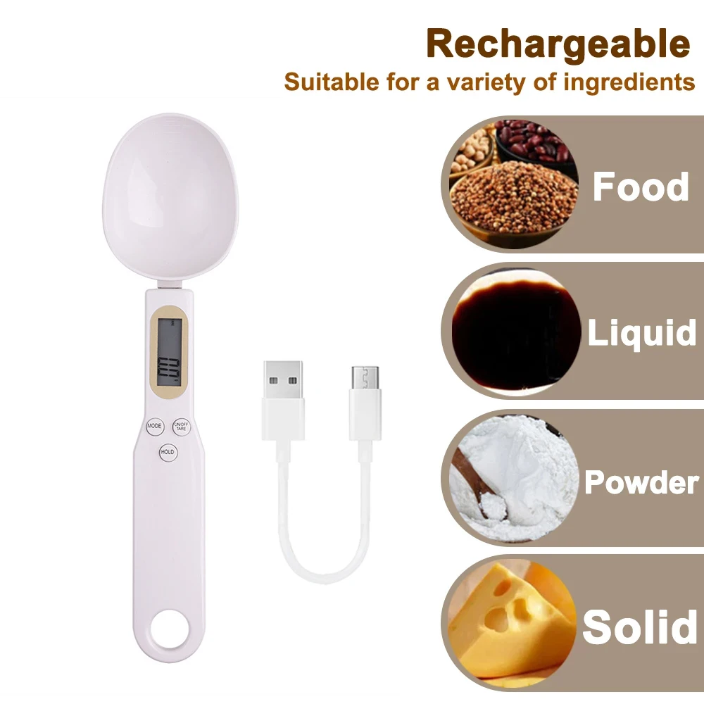 Cântar de bucătărie cu reîncărcare USB 500 g/0,1 g LCD cu măsurare digitală a alimentelor cu linguriță pentru făină Mini instrument de bucătărie pentru cafea cu lapte_voghion.com