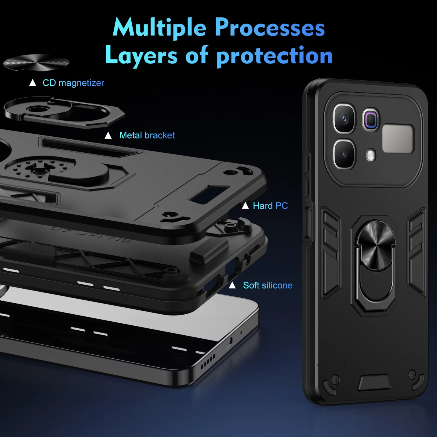 Rugged Armor Shockproof Phone Case with Magnetic Metal Ring Holder and TPU Frame Plastic Cover
