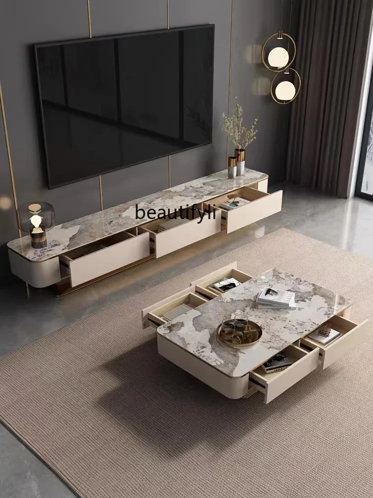 

Light Luxury Stone Plate Coffee Table TV Cabinet Combination Simple Living Room Small Apartment High-End TV Stand