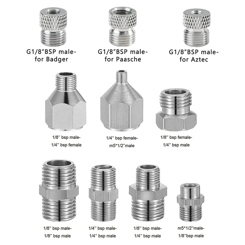 10Piece Multi-Size Adapter Set Air Brush Fitting Connector Kit Acessórios Metal prateado para compressor de ar