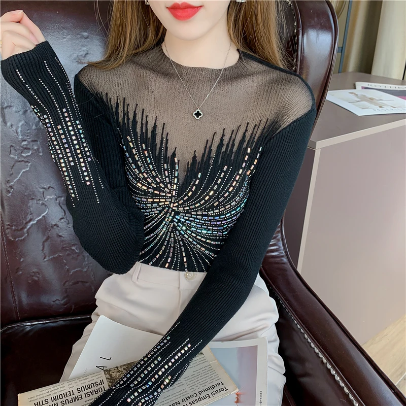 

Rhinestone Mesh Sexy Sweater Women Autumn and Winter Pullovers Long Sleeve Turtlenck Sweaters Slim Fit Bottoming Jumpers 29041