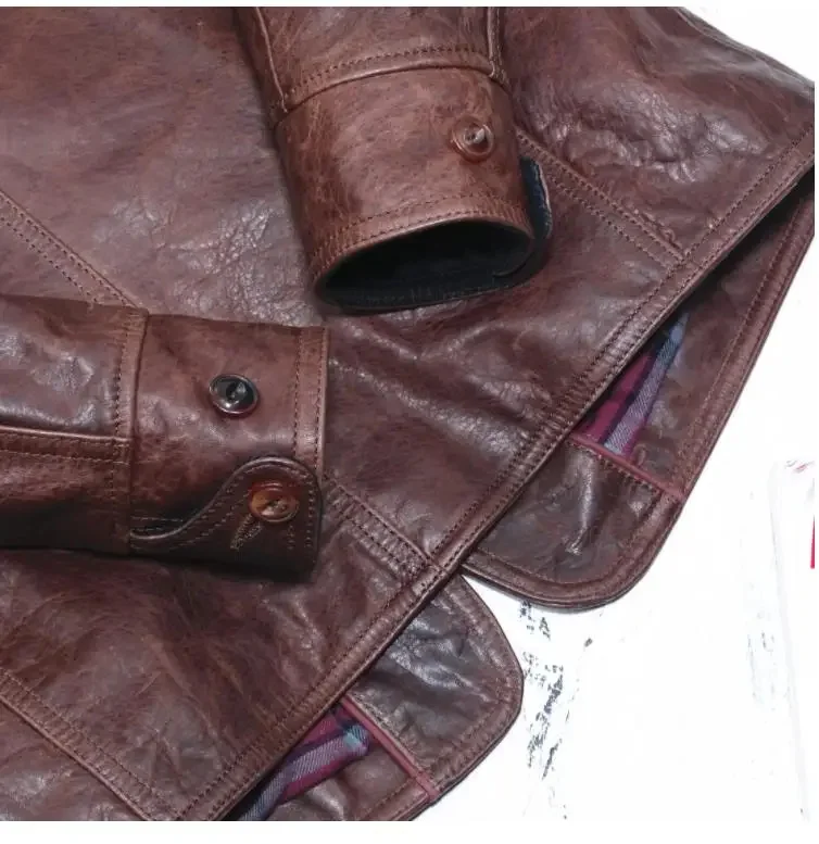Description Picture 4 of itemYR!Free shipping.Vintage brown batik horsehide jacket.Classic safari style genuine leather coat.retro quality Trench