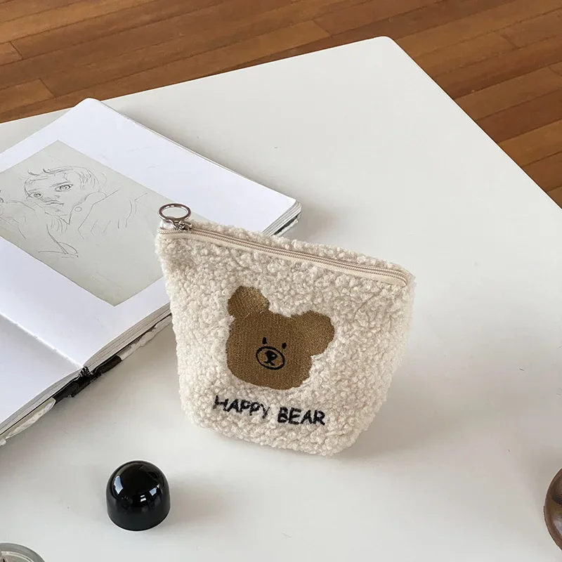 Cartoon Plush Bear Mini Cosmetic Bag Cute Girls Solid Color Portable Storage Bags Key Coin Pursse Small Wallets