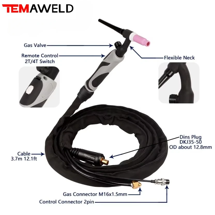 WP17-WP-17FV 180A TIG Torch 3.7m GTAW Air Cooling Flexible Neck Gas Valve WP17 Tig Welding Gun welding torch