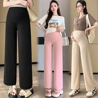 2025 Summer Maternity Belly Pants Stretched Wide Legs Pregnant Woman Straight Trousers Pink Black Beige 1