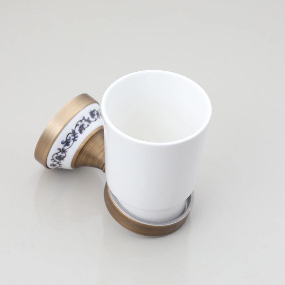 YANKSMART Antique Brass Single Lace Ceramic Cup Base Bathroom Hardware Accessories Wall Mounted Toothbrush Holder Toiletries Cup