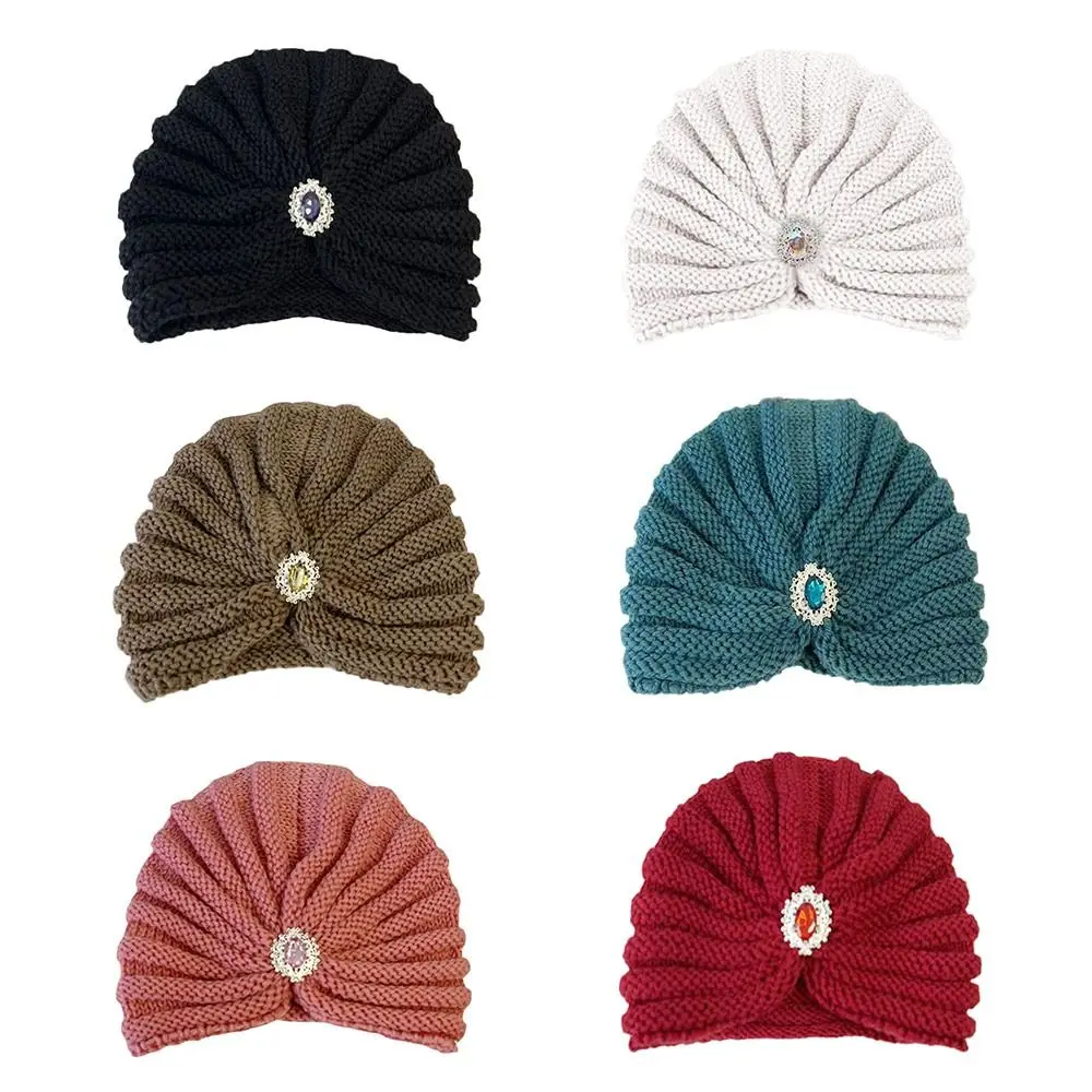 Fashion Winter Warm Hijab Caps Soft Thick Bohemia Turban Diamond Jewelry Wool Knitting Knitted Hats for Women 3