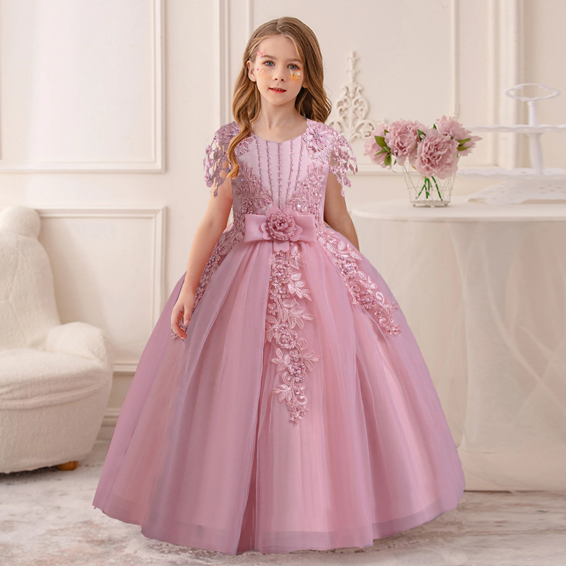 

AmyStylish Little Big Girls Embroidered Bowknot Wedding Flower Girl Birthday Party Pageant Formal Dress AC135