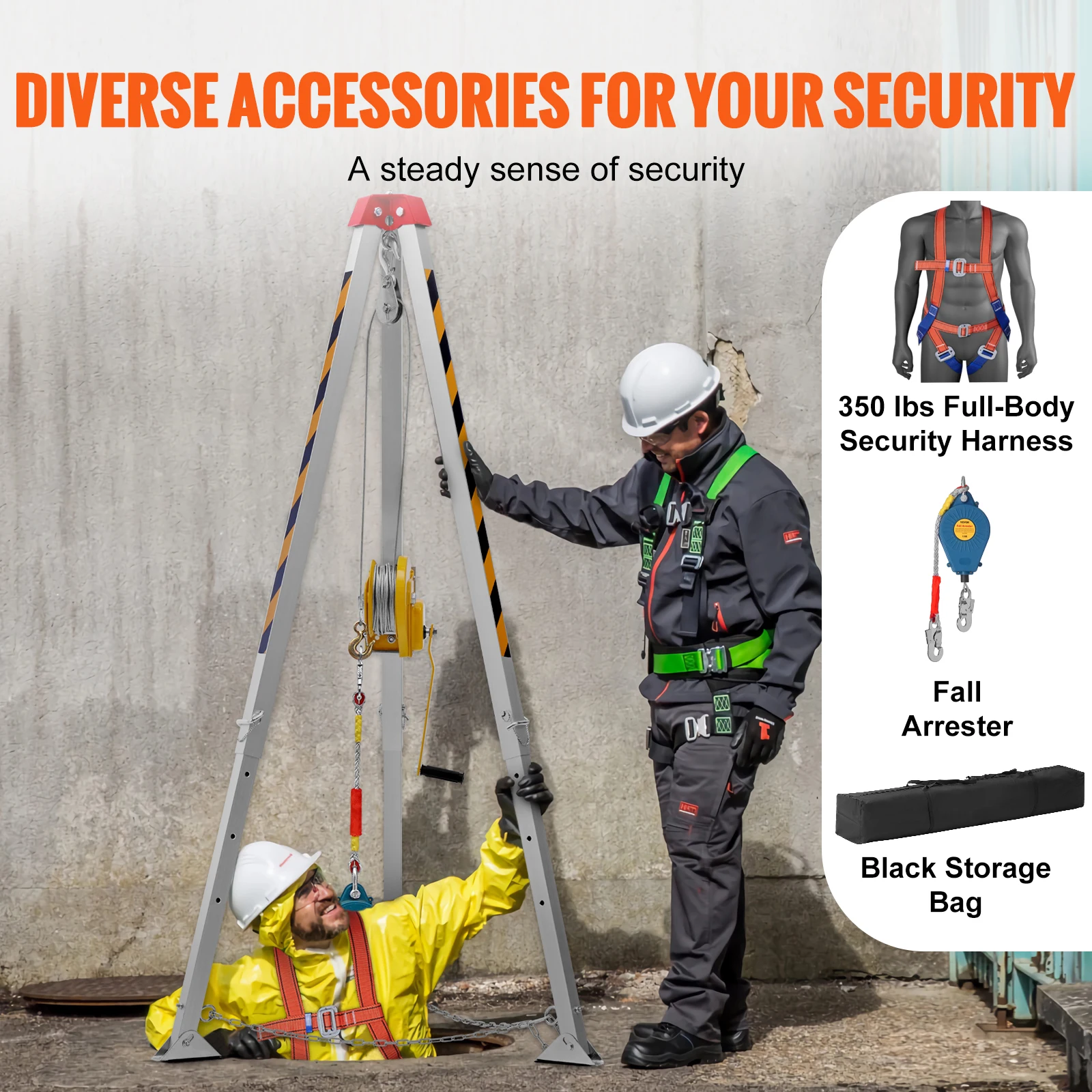 VEVOR 1800/2600 lbs Confined Space Tripod Kit Winch Confined Space Rescue Tripod Fall Protection For Traditional Spaces