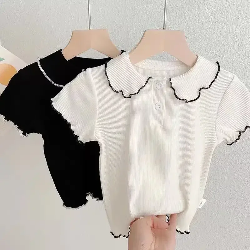 

Kids Girls Cute Summer Tops Peter Pan Collar T-shirts 2024 New Arrival Children Casual Solid T-shirts Black White Korean Style