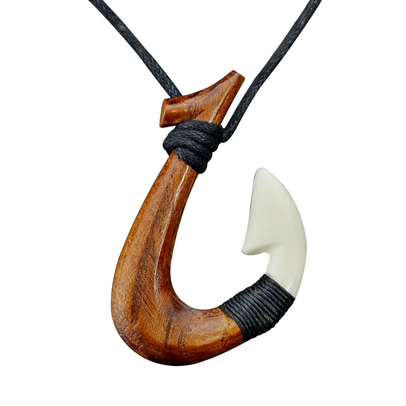 Charms Necklaces Natural Wood Inlaid Bone Hook Pendant Necklace Fashion Jewelry