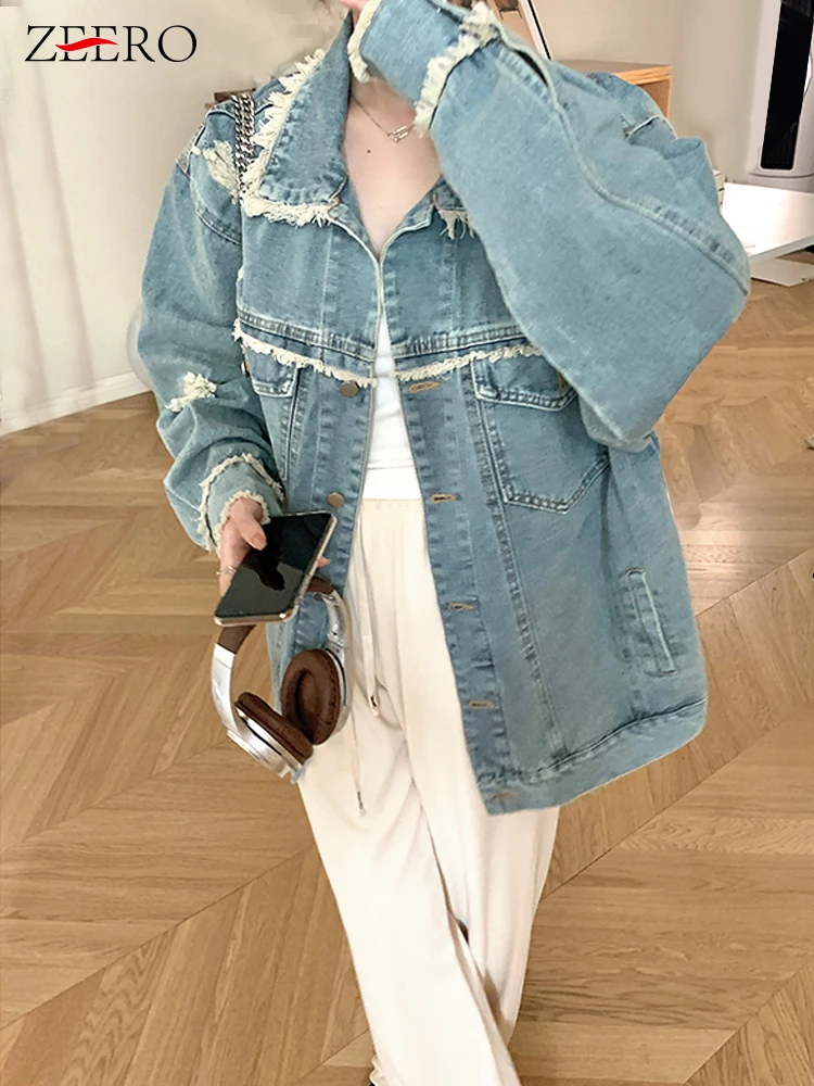 

Женская джинсовая куртка с бахромой, повседневная голубая однобортная Свободная куртка из денима с длинными рукавами и потертостями, уличная одежда в стиле ретро