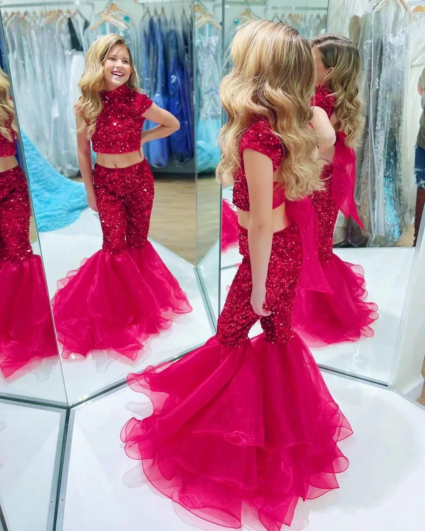 

Sparkling Sequined Flower Girl Dresses High Collar Short Sleeves Pageant Party Princess Gowns Two Pieces Mermaid Pant Suits