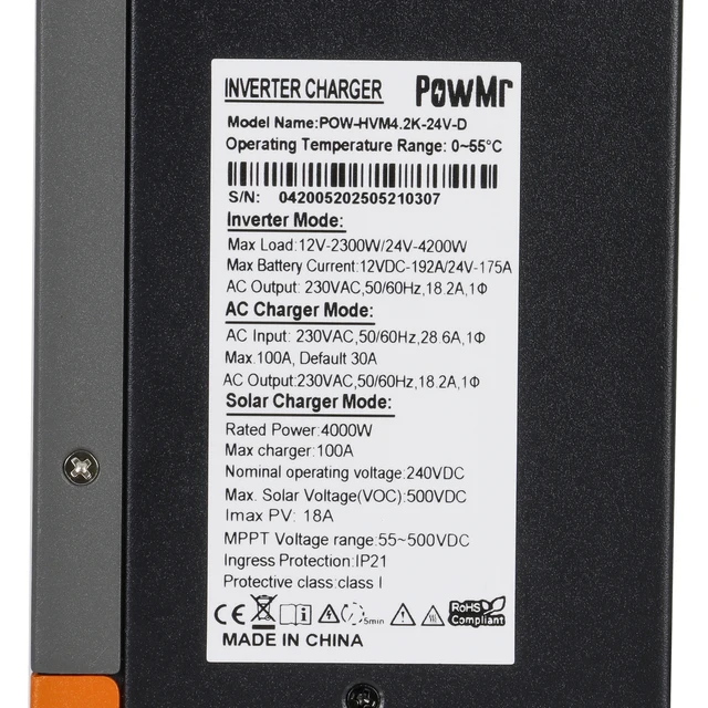 4.2KW Dual Voltage DC12V 24V to 230VAC Off Grid Solar Inverter With 100A MPPT Solar Charger Max PV 500V Fit Lithium Batteria BMS 5